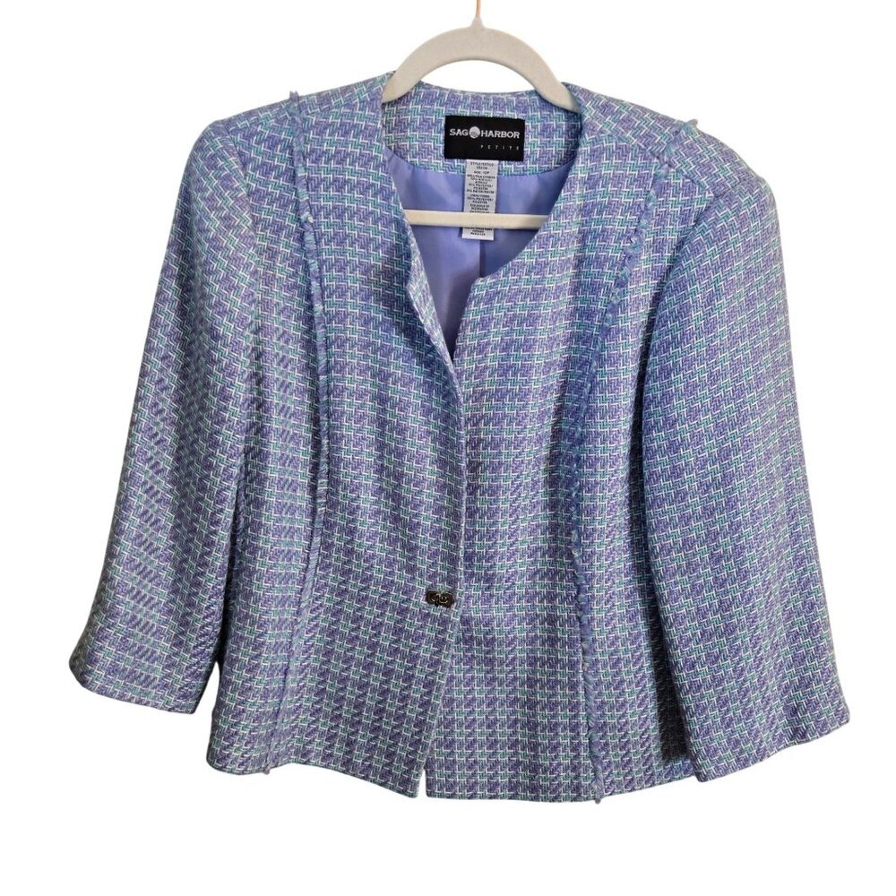 Sag Harbor Blue Tweed Lady Jacket 3/4 Sleeves Subtle Fringe Striped Size 12p